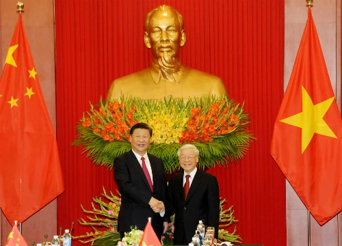 Tổng bí thư Nguyễn Phú Trọng và Tổng bí thư, Chủ tịch Trung Quốc Tập Cận Bình tại cuộc hội đàm. Ảnh: VGP.