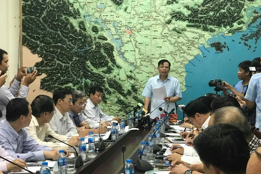 Bộ trưởng Nguyễn Xuân Cường tại cuộc họp. Ảnh: Ban Chỉ đạo Trung ương về phòng chống thiên tai. 