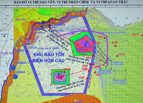 Bản đồ vị trí nhận chìm bùn xuống biển cách tâm Khu bảo tồn Hòn Cau 8 km và cách vành đai bảo vệ khu bảo tồn này 2 km. Ảnh: Tư Huynh.