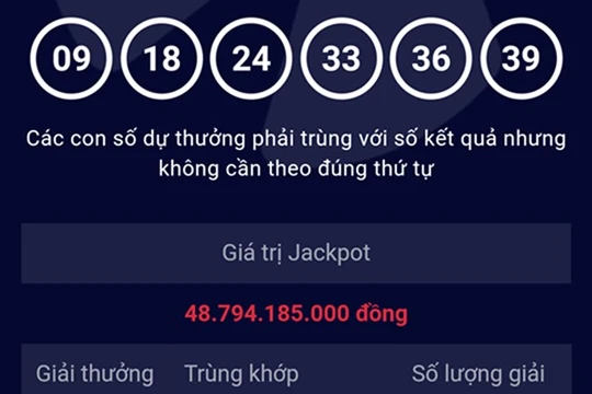 Kết quả mở thưởng kỳ 72 xác định 1 vé trúng giải Jackpot với dãy số may mắn 09-18-24-33-36-39.