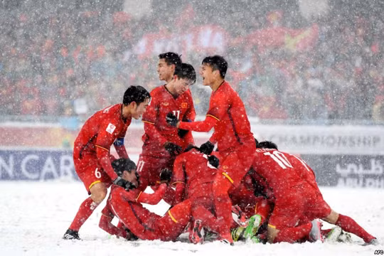 Cầu thủ U23 Việt Nam ăn mừng bàn thắng trong trận Chung kết U23 Châu Á.