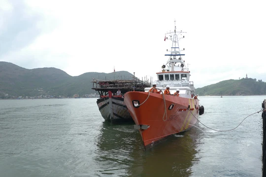 Tàu SAR 412 lai dắt tàu cá của ngư dân Bình Định bị nạn trên biển về đất liền - Ảnh minh họa: Hoàng Trọng