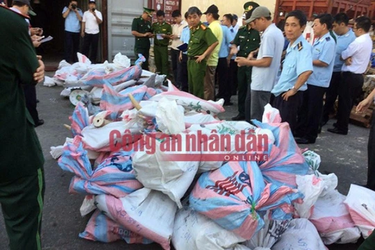 Kiểm đếm các bao tải ngà voi. 