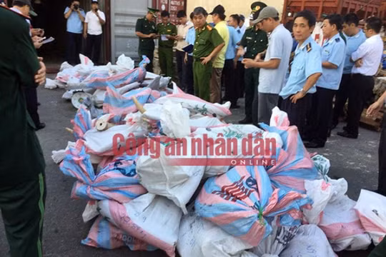 Kiểm đếm các bao tải ngà voi. 