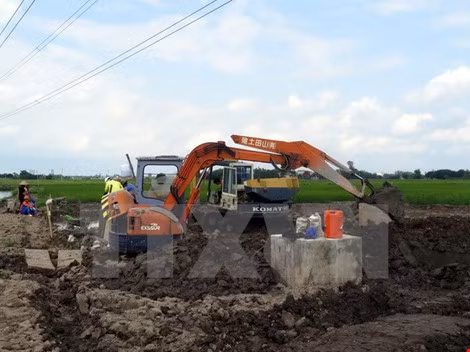 Đơn vị kiểm định chất lượng bê tông tiến hành khoan trụ bê tông cột điện cao thế để lấy mẫu kiểm định chất lượng. (Ảnh: Văn Đạt/TTXVN)