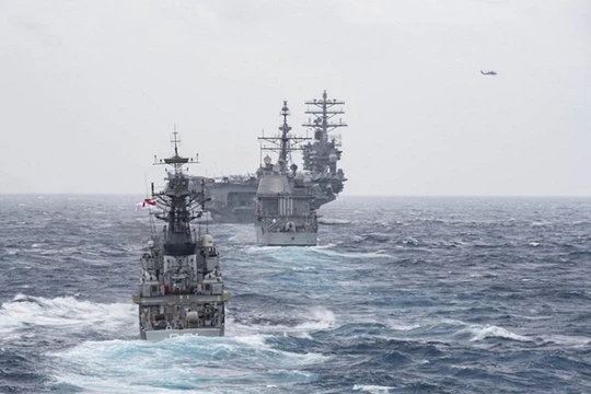 Tàu chiến và tàu sân bay của Mỹ, Nhật Bản, Ấn Độ tham gia cuộc tập trận Malabar 2017. Ảnh: Chinatimes
