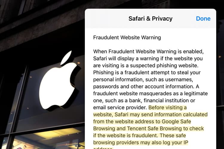 Đoạn mô tả của Apple về công cụ "cảnh báo trang web lừa đảo" tích hợp sẵn trên trình duyệt Safari. Ảnh: TEM Đoạn mô tả của Apple về công cụ "cảnh báo trang web lừa đảo" tích hợp sẵn trên trình duyệt Safari. Ảnh: TEM