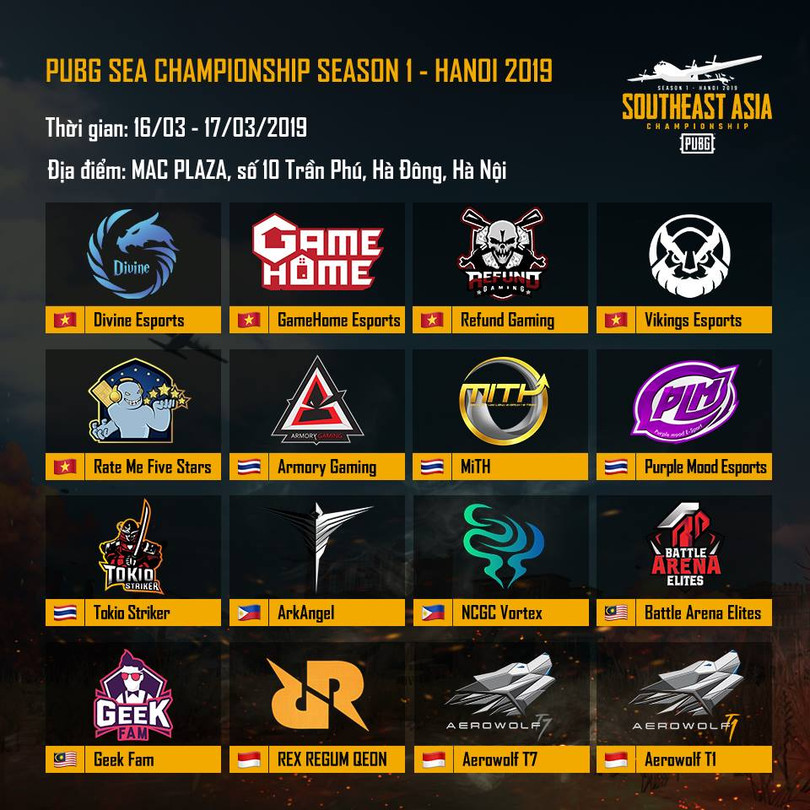 16 đội tham gia giải PUBG SEA Championship season 1 – Hanoi 2019