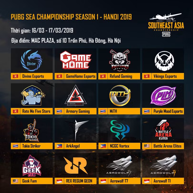 16 đội tham gia giải PUBG SEA Championship season 1 – Hanoi 2019