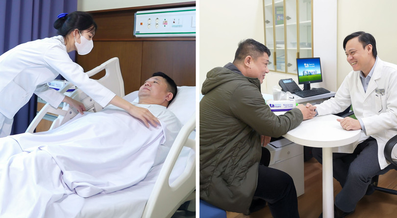 Anh Nguyễn Hữu Nghĩa phát hiện hẹp mạch vành khi đi khám béo phì. Anh được can thiệp đặt stent. Ngày xuất viện, anh cảm ơn bác sĩ Lê Bá Ngọc đã phát hiện và phối hợp với các chuyên khoa can thiệp mạch thà.jpg