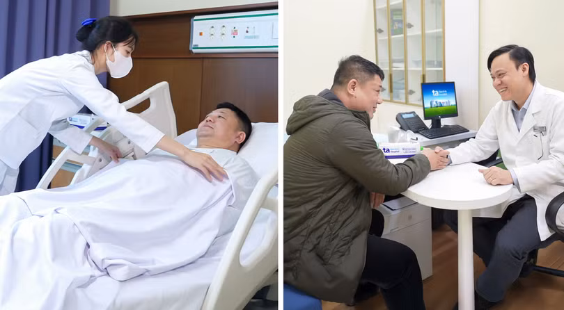 Anh Nguyễn Hữu Nghĩa phát hiện hẹp mạch vành khi đi khám béo phì. Anh được can thiệp đặt stent. Ngày xuất viện, anh cảm ơn bác sĩ Lê Bá Ngọc đã phát hiện và phối hợp với các chuyên khoa can thiệp mạch thà.jpg