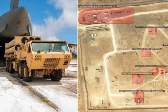 Vận chuyển bệ phóng tên lửa THAAD bằng đường hàng không (bên trái) và việc triển khai tại Jordan. Ảnh: MW.