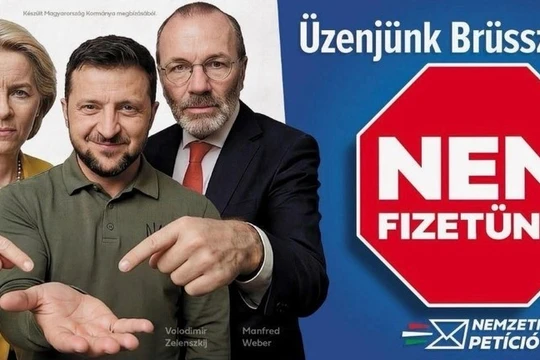 Áp phích vận động của chính phủ Hungary kêu gọi người dân tham gia bản kiến ​​nghị quốc gia về việc tài trợ cho Ukraine. Ảnh: Getty.