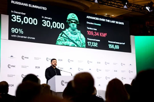 Tổng thống Ukraine Volodymyr Zelensky phát biểu tại Hội nghị An ninh Munich (MSC) ở Munich, Đức ngày 14/2. Ảnh: Reuters.