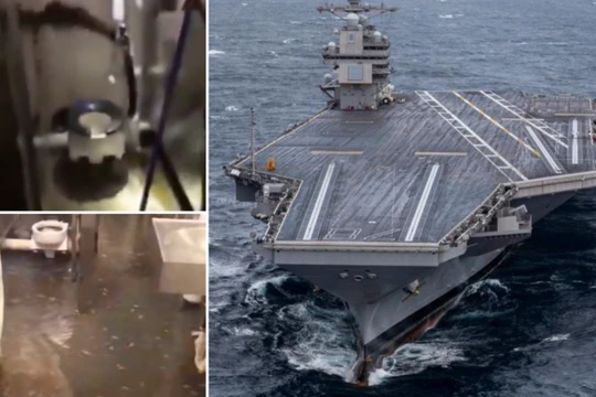 Sự cố tràn nước thải trên siêu tàu sân bay USS Gerald Ford của Mỹ. Ảnh: MW.