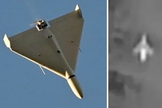 Mẫu UAV Shahed 136 và một mẫu UAV gắn động cơ phản lực mới của Nga chưa được làm rõ. Ảnh: MW.