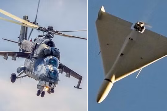Máy bay trực thăng Mi-24 và máy bay không người lái Shahed-136. Ảnh: MW.