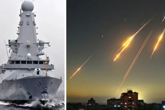 Tàu khu trục Type 45 HMS Duncan và hình ảnh một cuộc tấn công bằng tên lửa đạn đạo của Iran. Ảnh: MW.