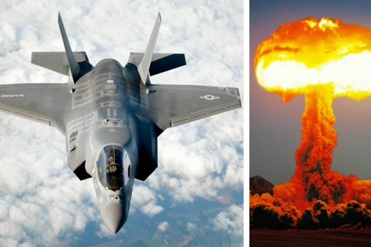 Máy bay F-35 và hình ảnh một vụ nổ hạt nhân. Ảnh: MW.