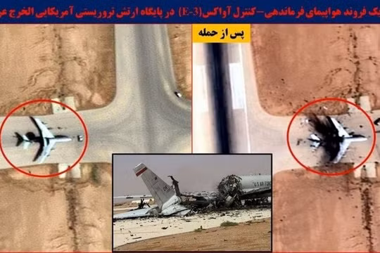 Truyền thông Iran công bố hình ảnh vệ tinh về máy bay E-3G Sentry AWACS của Không quân Mỹ bị phá hủy tại căn cứ không quân Prince Sultan của Arab Saudi trước và sau cuộc tấn công của Iran ngày 27/3. Ảnh: RT.