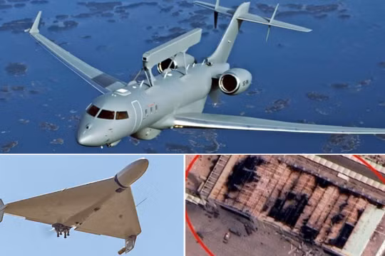 Máy bay cảnh báo sớm GlobalEye, UAV Shahed 136, và khung cảnh tan hoang tại Căn cứ Không quân Al Dhafra. Ảnh: MW.