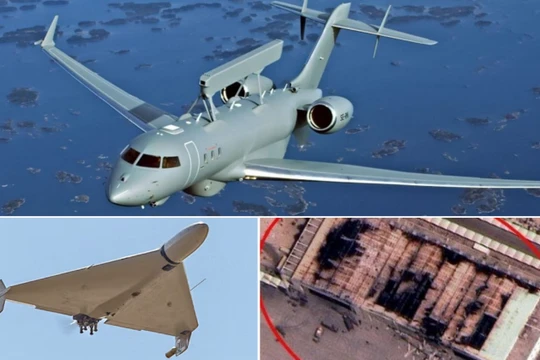 Máy bay cảnh báo sớm GlobalEye, UAV Shahed 136, và khung cảnh tan hoang tại Căn cứ Không quân Al Dhafra. Ảnh: MW.