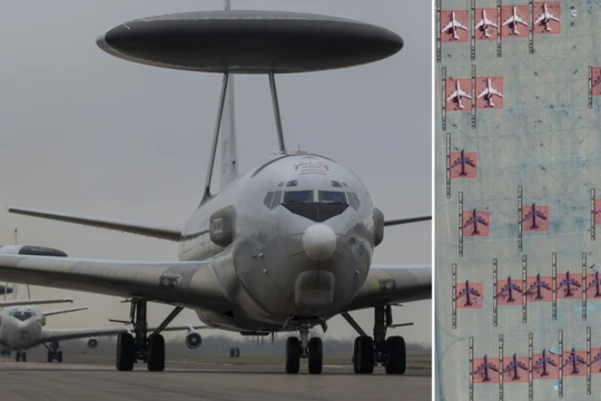 Ảnh chụp máy bay E-3 (bên trái) và ảnh vệ tinh của máy bay tiếp nhiên liệu KC-135 và máy bay cảnh báo sớm E-3 AWACS tại căn cứ không quân Prince Sultan ở Arab Saudi. Ảnh: MW.