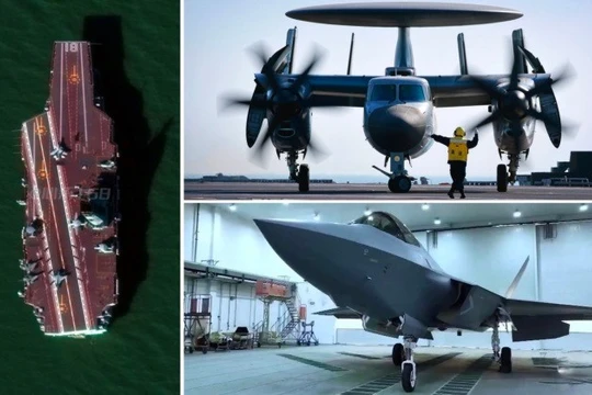 Siêu tàu sân bay Phúc Kiến của Trung Quốc với các mẫu máy bay KJ-600 và J-35. Ảnh: MW.