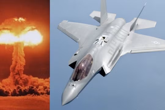 Máy bay F-35 (bên phải) và một vụ nổ hạt nhân. Ảnh: MW.