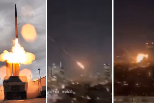 Bệ phóng THAAD (bên trái) và đoạn phim ghi lại khoảnh khắc phương tiện lượn siêu thanh của Iran tấn công mục tiêu quan trọng ở Israel. Ảnh: MW.