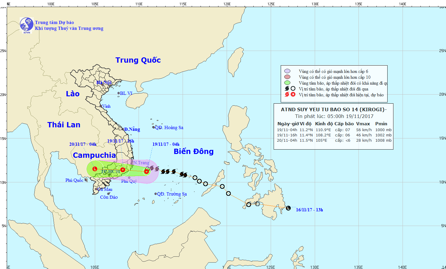 Hướng di chuyển của bão số 14. Ảnh: NCHMF