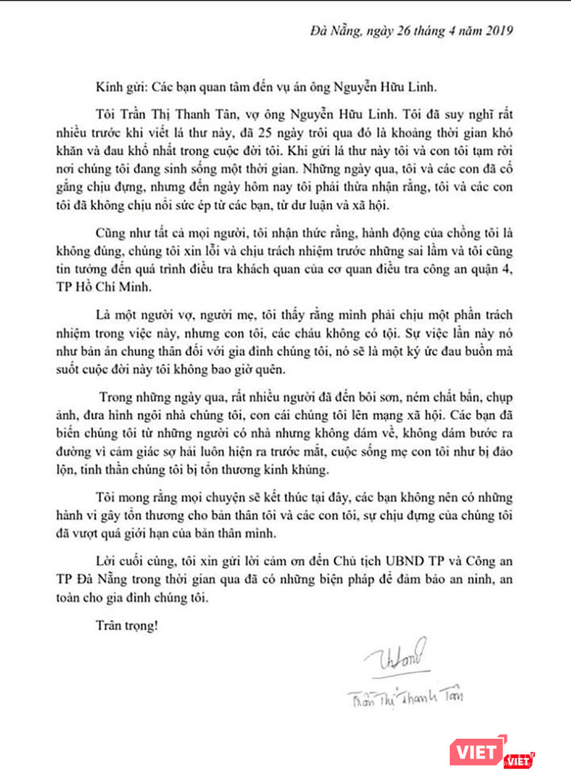 Bà Tân cũng có Tâm thư gửi đến “Các bạn quan tâm đến vụ án ông Nguyễn Hữu Linh” Bà Tân cũng có Tâm thư gửi đến “Các bạn quan tâm đến vụ án ông Nguyễn Hữu Linh”
