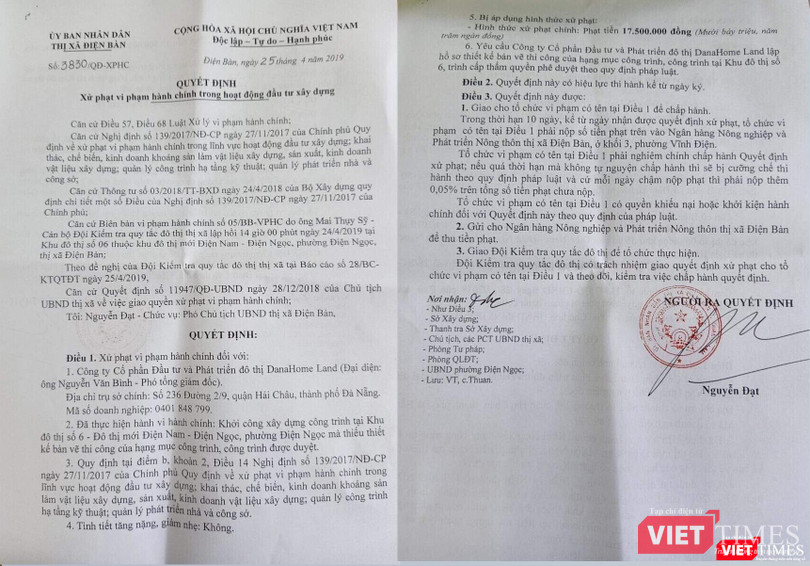 Quyết định xử phạt số 3830/QĐ-XPHC ngày 25/4/2019 của UBND thị xã Điện Bàn đối với công trình Khu biệt thự Song Lập tại Khu đô thị số 6 Điện Nam-Điện Ngọc do DanaHome Land triển khai Quyết định xử phạt số 3830/QĐ-XPHC ngày 25/4/2019 của UBND thị xã Điện Bàn đối với công trình Khu biệt thự Song Lập tại Khu đô thị số 6 Điện Nam-Điện Ngọc do DanaHome Land triển khai