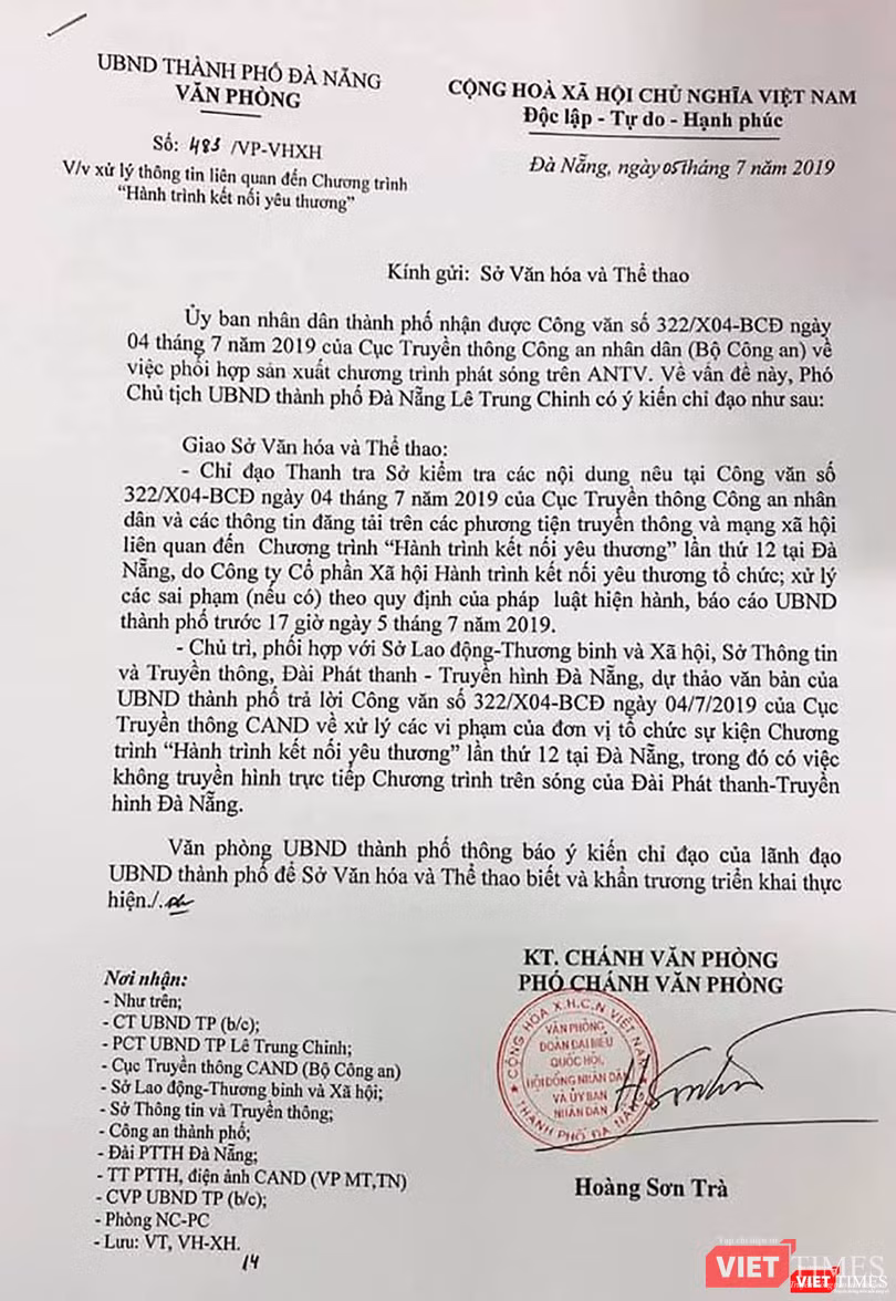 Văn bản chỉ đạo làm rõ sự việc của Phó Chủ tịch UBND TP Đà Nẵng