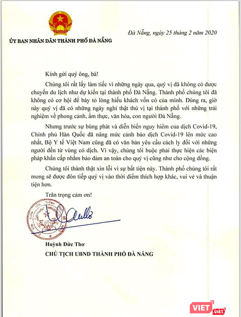 Chiều 25/2, Chủ tịch UBND TP Đà Nẵng có thư gửi đến đoàn khách Hàn Quốc nhập cảnh du lịch Đà Nẵng trong lúc dịch bệnh buộc phải áp dụng cách ly Chiều 25/2, Chủ tịch UBND TP Đà Nẵng có thư gửi đến đoàn khách Hàn Quốc nhập cảnh du lịch Đà Nẵng trong lúc dịch bệnh buộc phải áp dụng cách ly