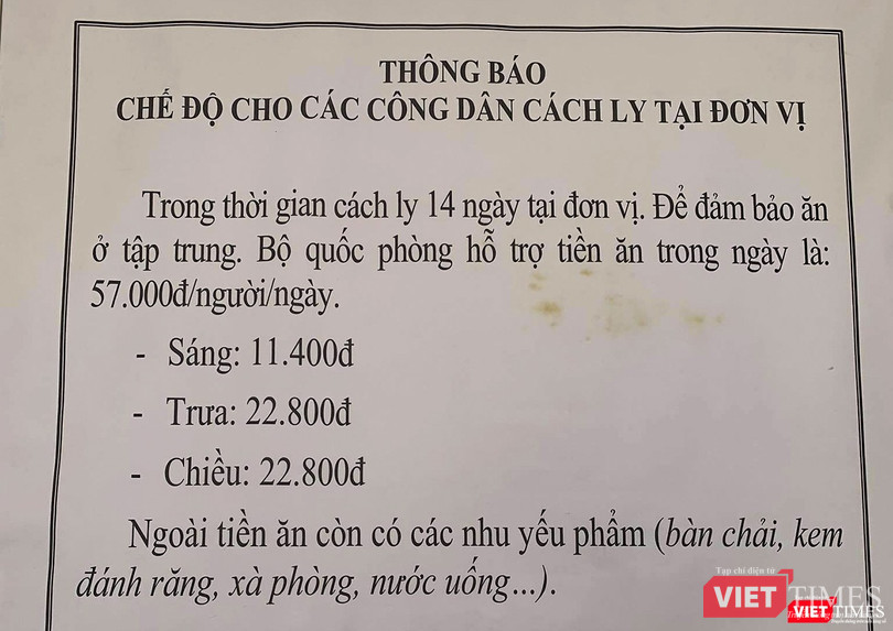 Chế độ thực đơn của mỗi cá nhân tại trung tâm cách ly