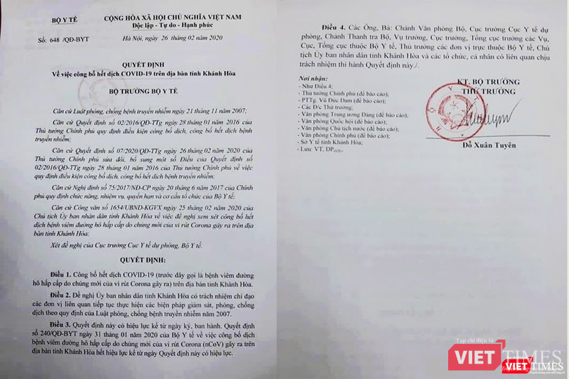 Quyết định số 648/QĐ_BYT của Bộ Y tế công bố hết dịch COVID-19 trên địa bàn toàn tỉnh Khánh Hòa kể từ ngày 26/2.