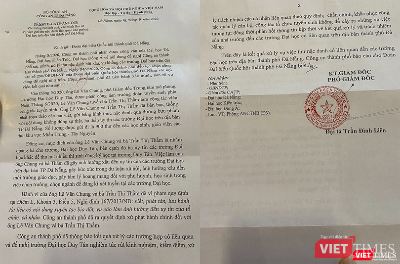 Thông báo của Công an TP Đà Nẵng về kết quả điều tra đối với thư nặc danh bêu xấu các trường ĐH trên địa bàn Đà Nẵng Thông báo của Công an TP Đà Nẵng về kết quả điều tra đối với thư nặc danh bêu xấu các trường ĐH trên địa bàn Đà Nẵng