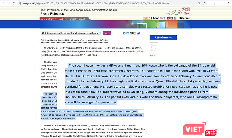 Bản tin từ website của chính quyền Hong Kong (Trung Quốc) đưa tin dẫn nguồn của Trung tâm Bảo vệ Sức khỏe (CHP) của Sở Y tế đặc khu này về 3 trường hợp nhiễm COVID-19 mới