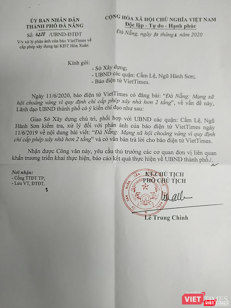 Văn bản chỉ đạo của lãnh đạo UBND TP Đà Nẵng yêu cầu làm rõ nội dung VietTimes nêu