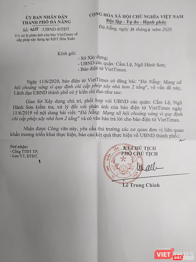 Văn bản chỉ đạo của lãnh đạo UBND TP Đà Nẵng yêu cầu làm rõ nội dung VietTimes nêu Văn bản chỉ đạo của lãnh đạo UBND TP Đà Nẵng yêu cầu làm rõ nội dung VietTimes nêu