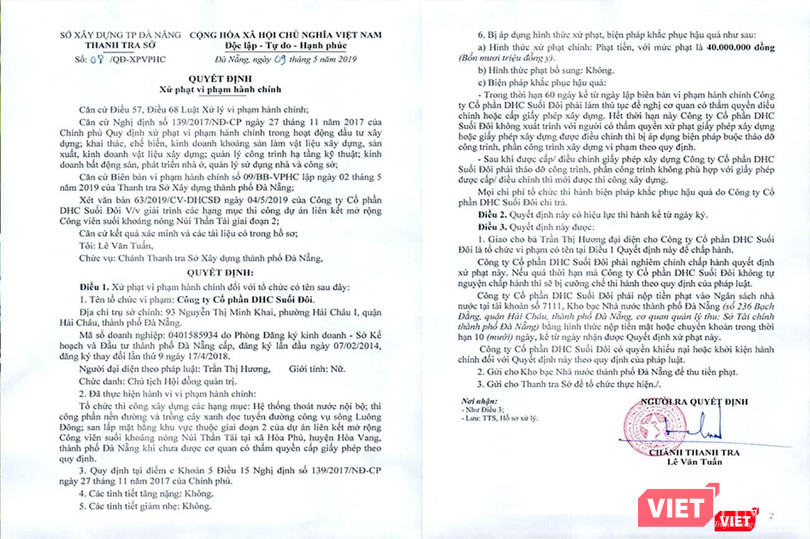 Quyết định xử phạt của Thanh tra Sở Xây dựng đối với Công ty CP DHC Suối Đôi.