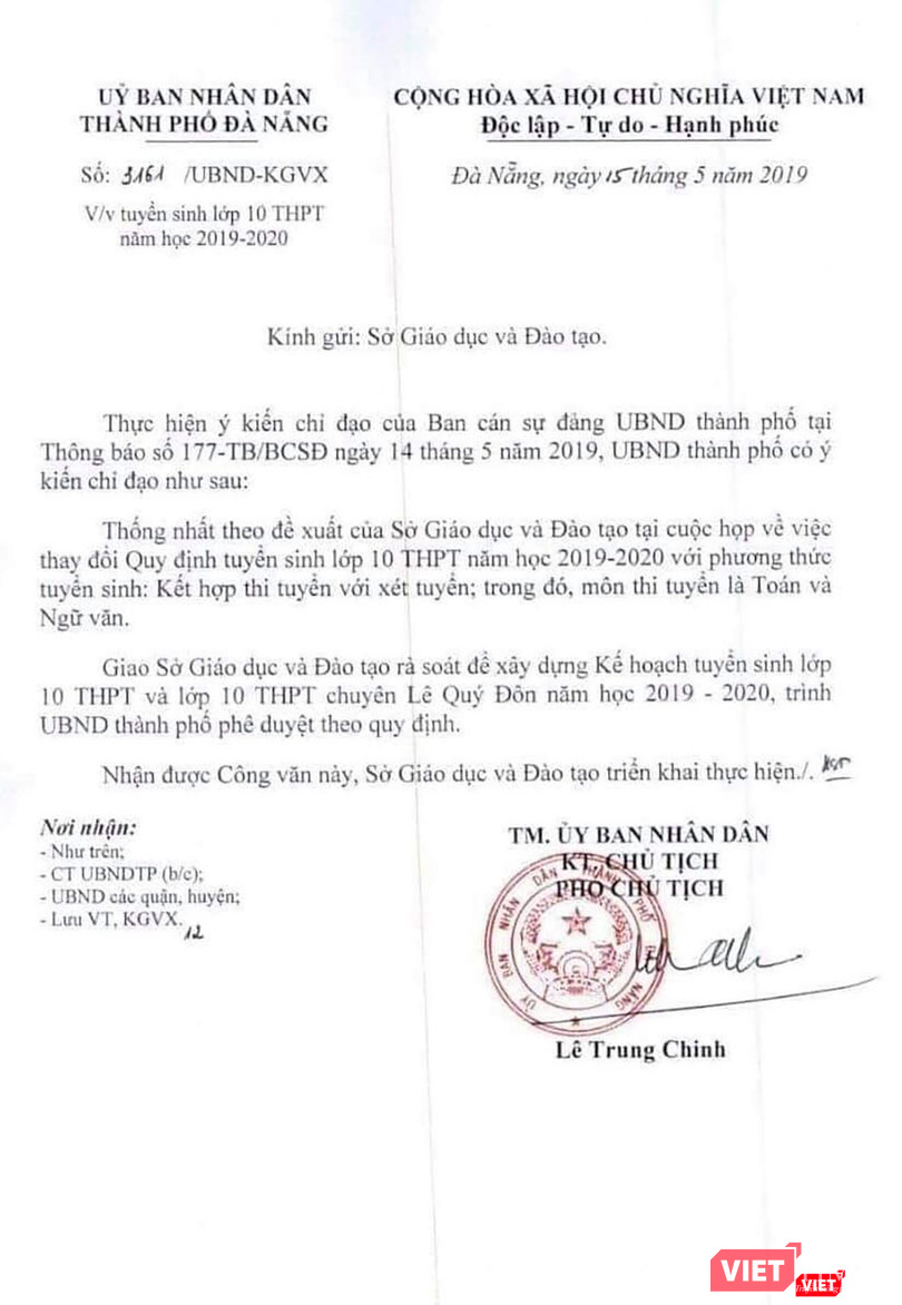 Văn bản thay đổi quy định tuyển sinh lớp 10 năm học 2019-2020 của UBND TP Đà Nẵng khi kỳ thi chỉ còn 2 tuần đã gây bức xúc trong dư luận