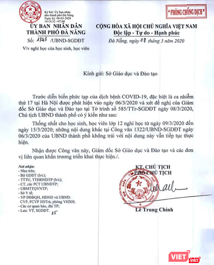 Thông báo cho học sinh nghỉ học của UBND TP Đà Nẵng