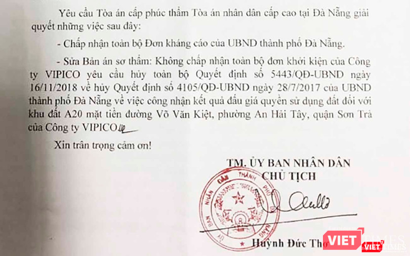 Nội dung kháng cáo của UBND TP Đà Nẵng đối với bản án sơ thẩm vụ kiện giữa Công ty Vipico và UBND TP Đà Nẵng liên quan đến lô đất A20 đường Võ Văn Kiệt (quận Sơn Trà, TP Đà Nẵng) Nội dung kháng cáo của UBND TP Đà Nẵng đối với bản án sơ thẩm vụ kiện giữa Công ty Vipico và UBND TP Đà Nẵng liên quan đến lô đất A20 đường Võ Văn Kiệt (quận Sơn Trà, TP Đà Nẵng)