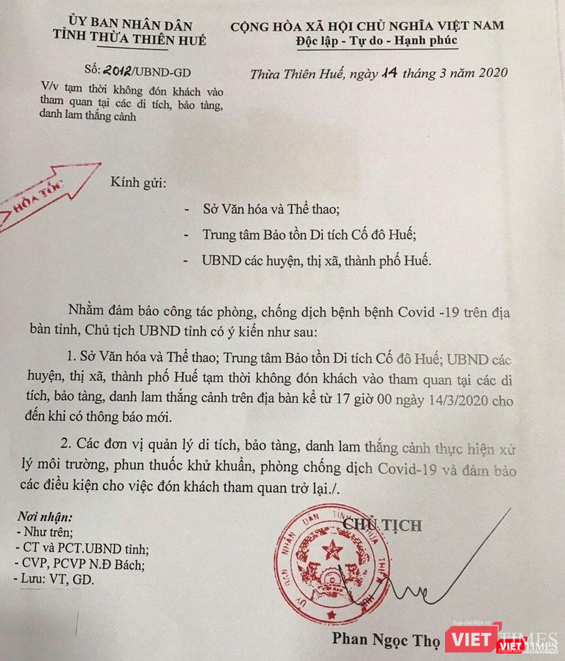 Công văn hỏa tốc của UBND Thừa Thiên Huế phát đi chiều nay.