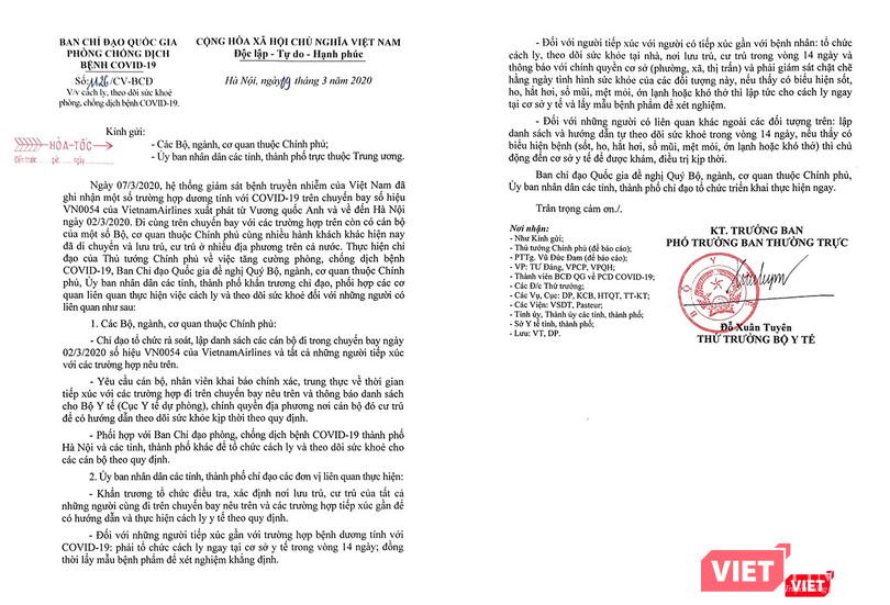 Công văn hỏa tốc số 1126/CV-BCĐ của Ban Chỉ đạo Quốc gia phòng chống dịch COVID-19 liên quan chuyến bay ngày 2/3 mang số hiệu VN0054 của Vietnam Airlines được phát hành từ ngày 9/3