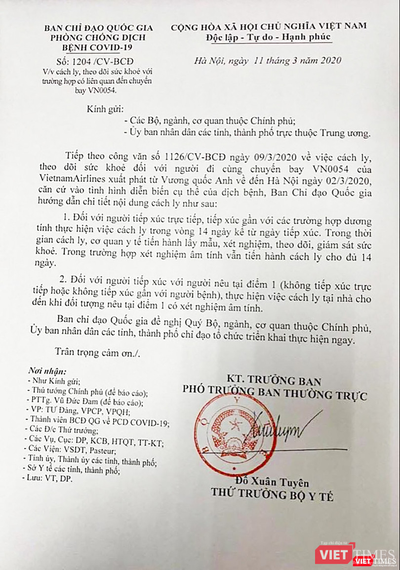 Công văn số 1204 /CV-BCĐ của Ban Chỉ đạo Quốc gia phòng chống dịch COVID-19 yêu cầu cách ly, theo dõi sức khỏe với trường hợp có liên quan đến chuyến bay VN0054 của Vietnam Airlines xuất phát từ Vương quốc Anh về đến Hà Nội ngày 2/3.