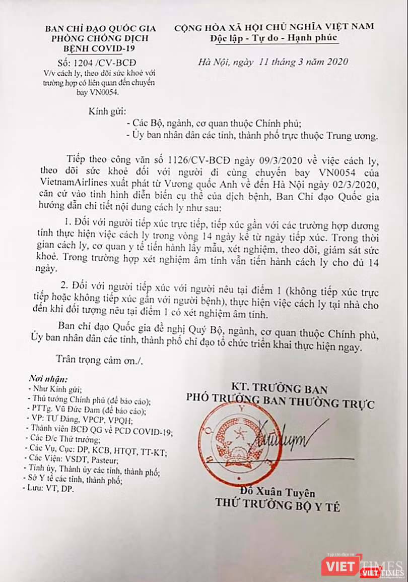 Công văn số 1204 /CV-BCĐ của Ban Chỉ đạo Quốc gia phòng chống dịch COVID-19 yêu cầu cách ly, theo dõi sức khỏe với trường hợp có liên quan đến chuyến bay VN0054 của Vietnam Airlines xuất phát từ Vương quốc Anh về đến Hà Nội ngày 2/3. Công văn số 1204 /CV-BCĐ của Ban Chỉ đạo Quốc gia phòng chống dịch COVID-19 yêu cầu cách ly, theo dõi sức khỏe với trường hợp có liên quan đến chuyến bay VN0054 của Vietnam Airlines xuất phát từ Vương quốc Anh về đến Hà Nội ngày 2/3.