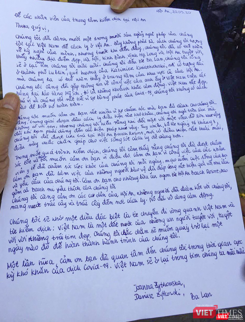 Bức thư cảm ơn của 2 du khách người Ba Lan gửi đến các nhân viên y tế Trung tâm kiểm dịch Hội An Bức thư cảm ơn của 2 du khách người Ba Lan gửi đến các nhân viên y tế Trung tâm kiểm dịch Hội An